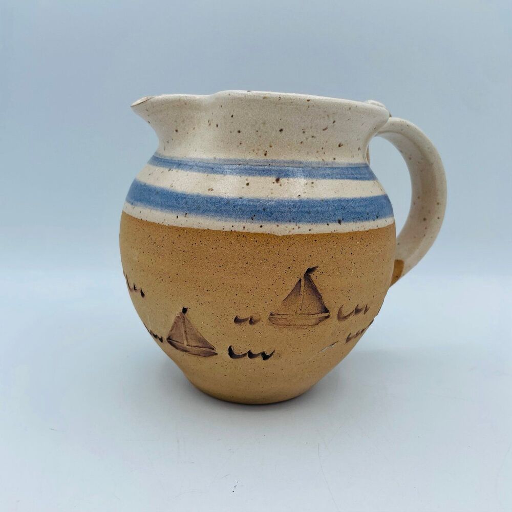 Vintage Studio Pottery Stoneware Jug Pitcher Incised Sailboat Blue Salt Glaze